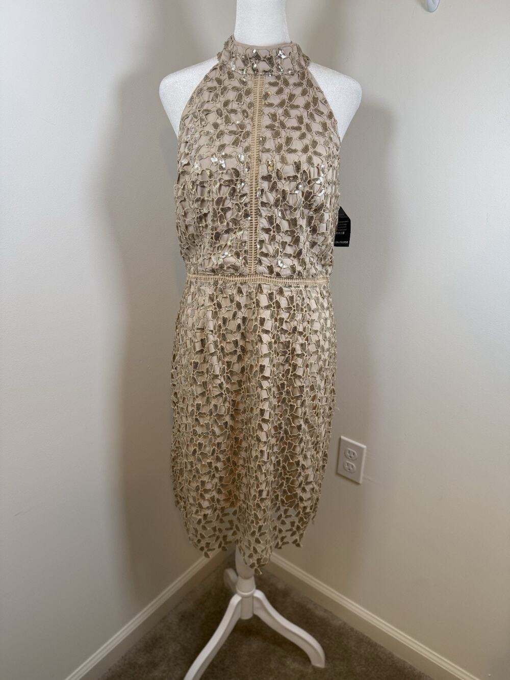 Boston Proper NWT Women’s 10 Sequin Lace High Mock Neck Sheath Dress Gold Party